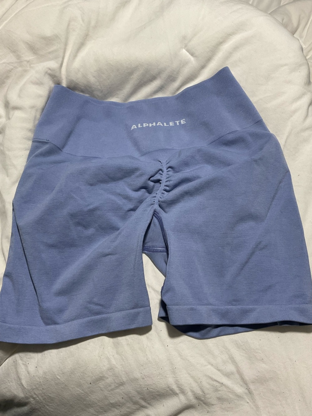 Alphalete High-Rise Scrunch-Back Bike Shorts in Light Blue